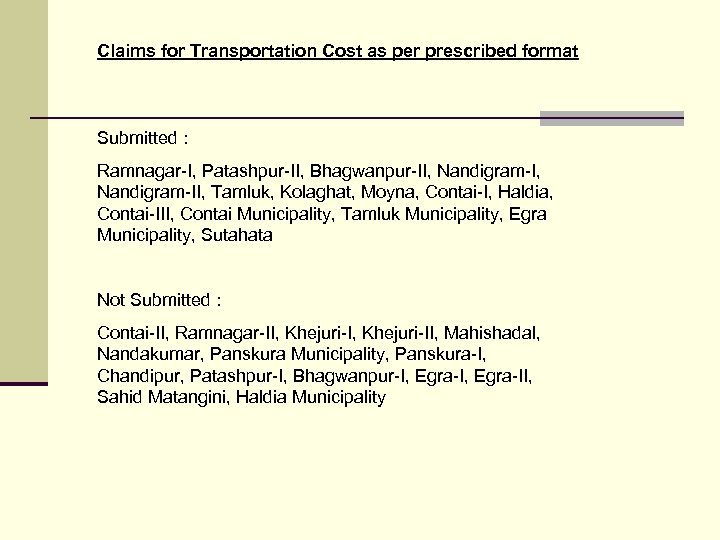 Claims for Transportation Cost as per prescribed format Submitted : Ramnagar-I, Patashpur-II, Bhagwanpur-II, Nandigram-II,