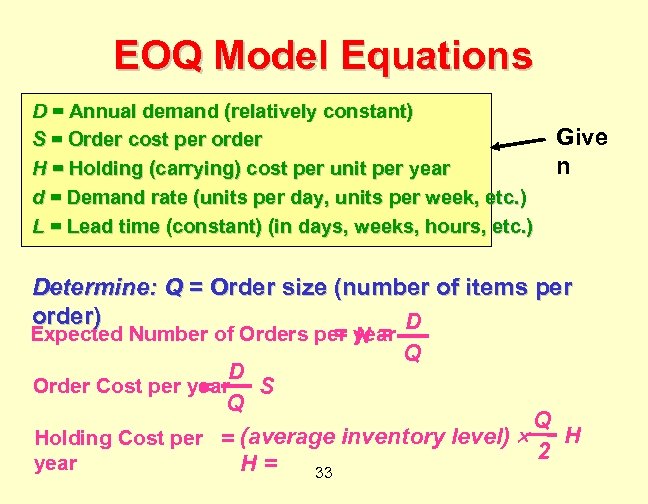 EOQ Model Equations D = Annual demand (relatively constant) S = Order cost per