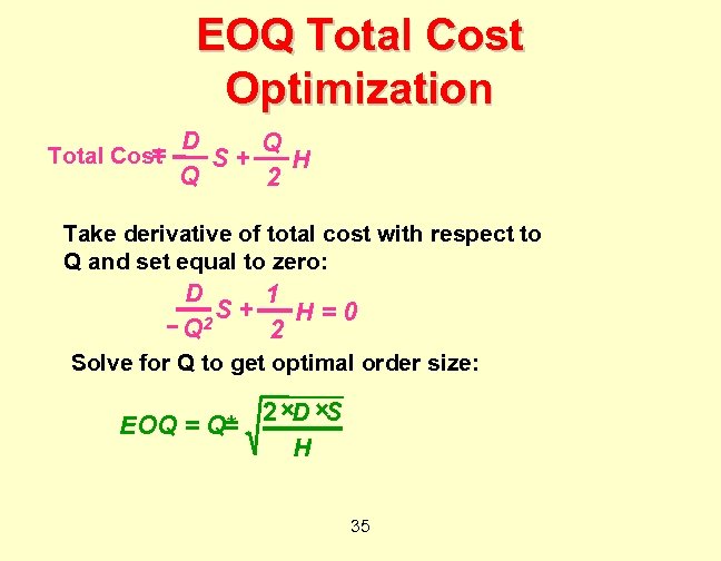 EOQ Total Cost Optimization = Total Cost D Q S+ H Q 2 Take