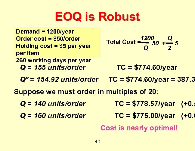EOQ is Robust Demand = 1200/year Order cost = $50/order Holding cost = $5