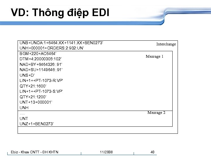 VD: Thông điệp EDI UNB+UNOA: 1+6464: XX+1141: XX+BEN 0273’ UNH+000001+ORDERS: 2: 932: UN’ BGM+220+AC