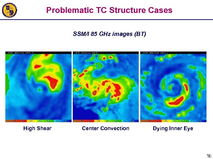 Problematic TC Structure Cases SSM/I 85 GHz images (BT) High Shear Center Convection Dying