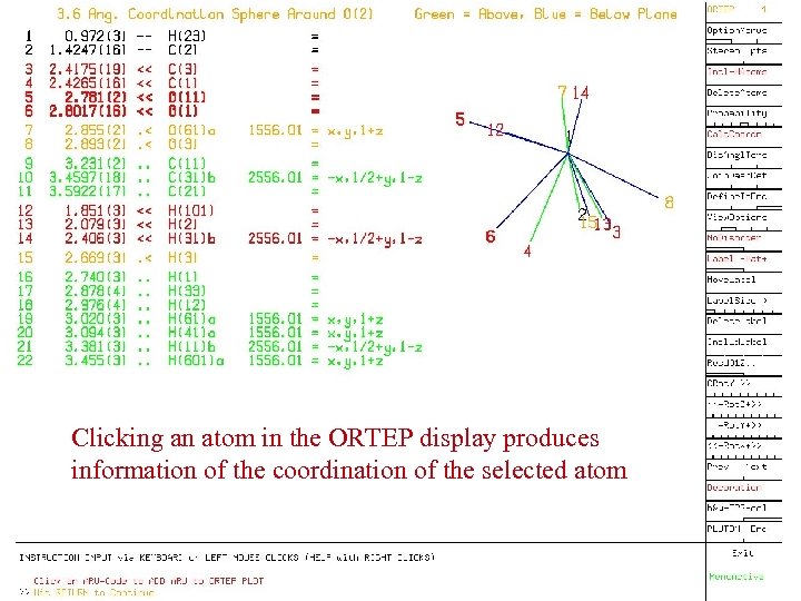 Clicking an atom in the ORTEP display produces information of the coordination of the