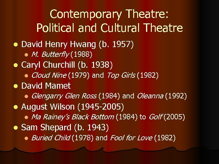 Contemporary Theatre: Political and Cultural Theatre l David Henry Hwang (b. 1957) l l