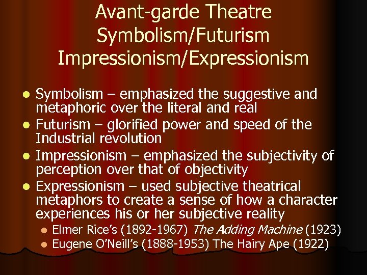 Avant-garde Theatre Symbolism/Futurism Impressionism/Expressionism Symbolism – emphasized the suggestive and metaphoric over the literal