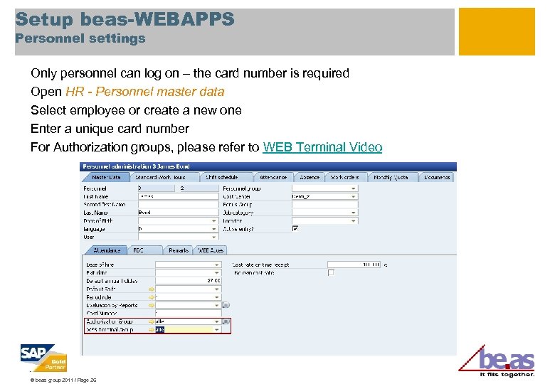 Setup beas-WEBAPPS Personnel settings Only personnel can log on – the card number is