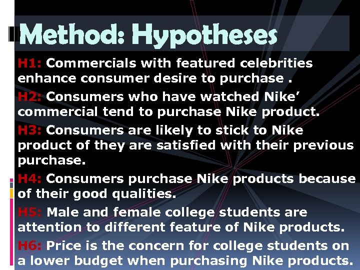Method: Hypotheses H 1: Commercials with featured celebrities enhance consumer desire to purchase. H