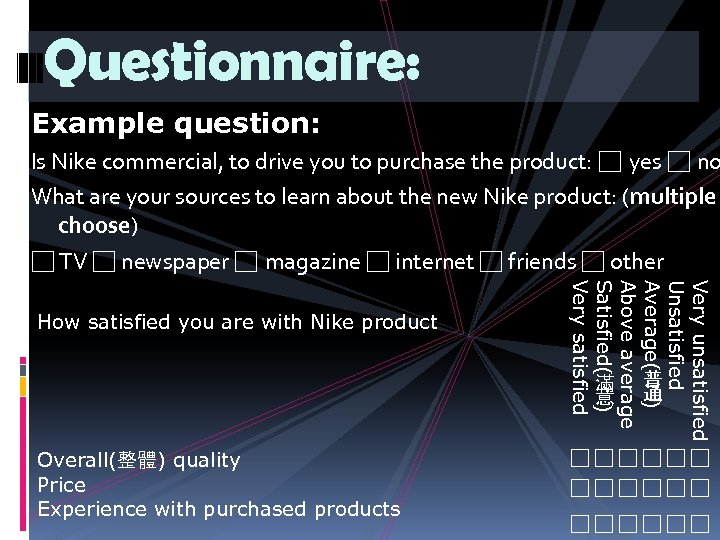 Questionnaire: Example question: Is Nike commercial, to drive you to purchase the product: □