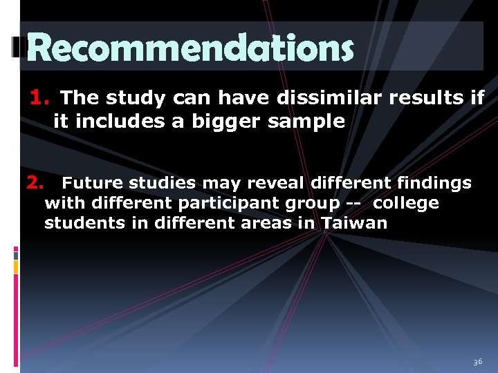 Recommendations 1. The study can have dissimilar results if it includes a bigger sample