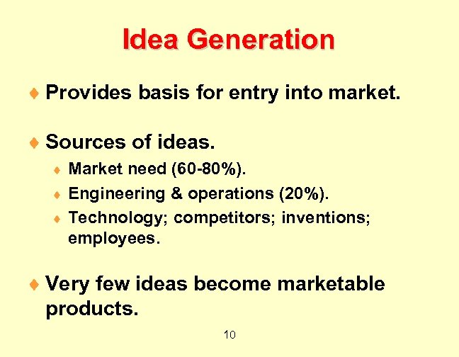 Idea Generation ¨ Provides basis for entry into market. ¨ Sources of ideas. Market