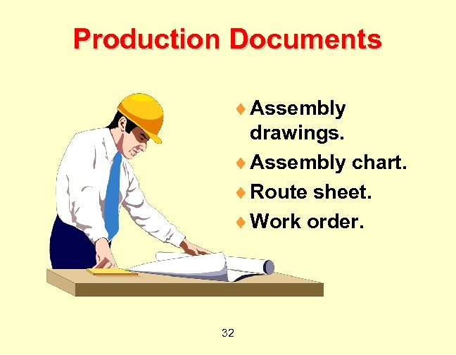 Production Documents ¨ Assembly drawings. ¨ Assembly chart. ¨ Route sheet. ¨ Work order.