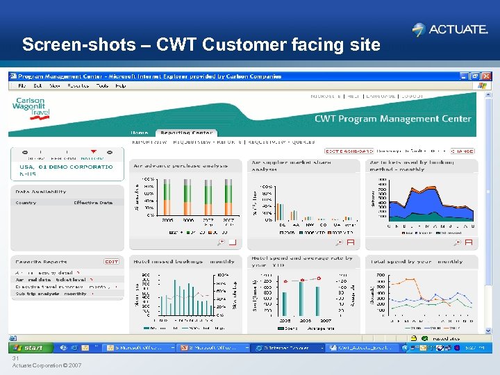 Screen-shots – CWT Customer facing site Please add screen-shots 31 Actuate Corporation © 2007