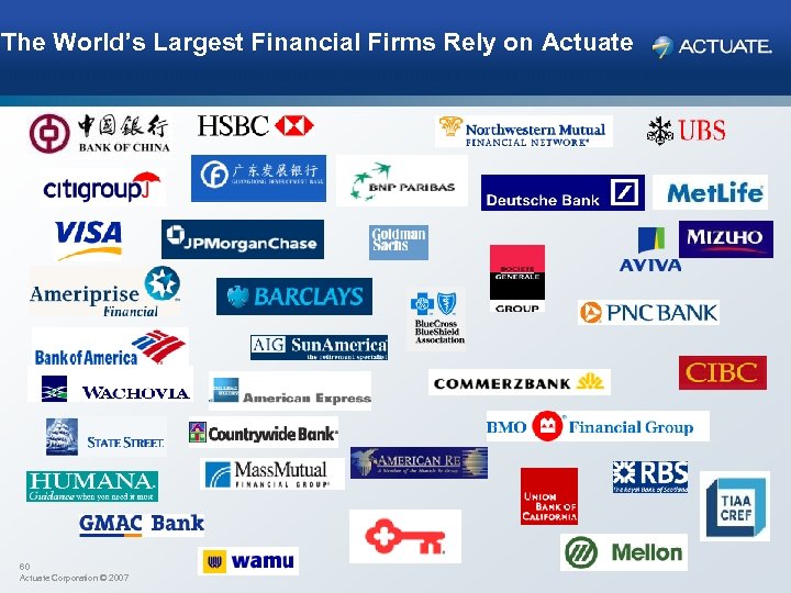 The World’s Largest Financial Firms Rely on Actuate 60 Actuate Corporation © 2007 
