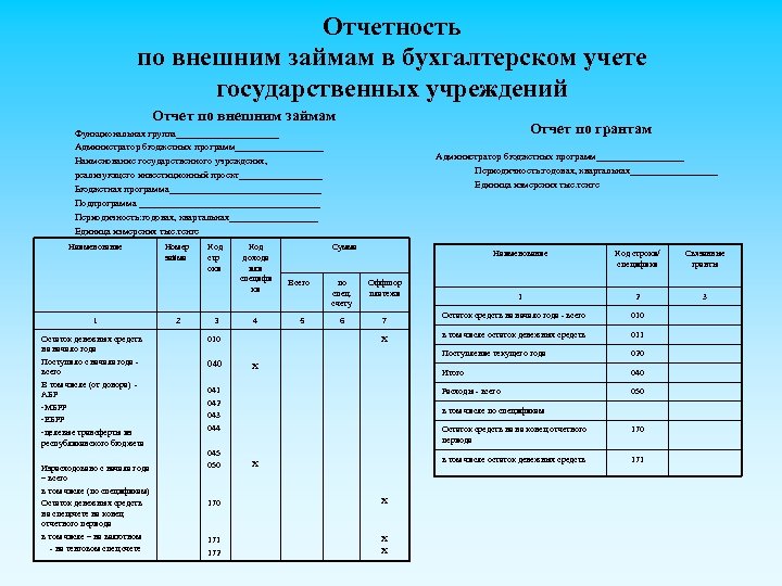 Отчетность по внешним займам в бухгалтерском учете государственных учреждений Отчет по внешним займам Отчет