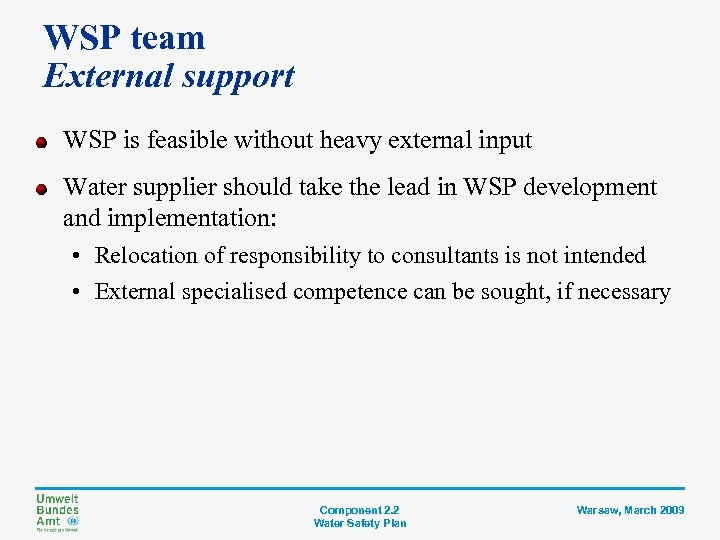 WSP team External support WSP is feasible without heavy external input Water supplier should