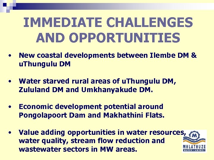 IMMEDIATE CHALLENGES AND OPPORTUNITIES • New coastal developments between Ilembe DM & u. Thungulu