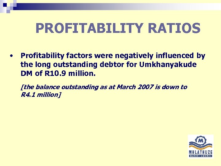 PROFITABILITY RATIOS • Profitability factors were negatively influenced by the long outstanding debtor for