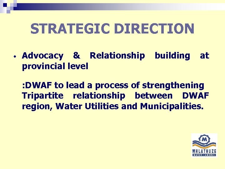 STRATEGIC DIRECTION • Advocacy & Relationship provincial level building at : DWAF to lead