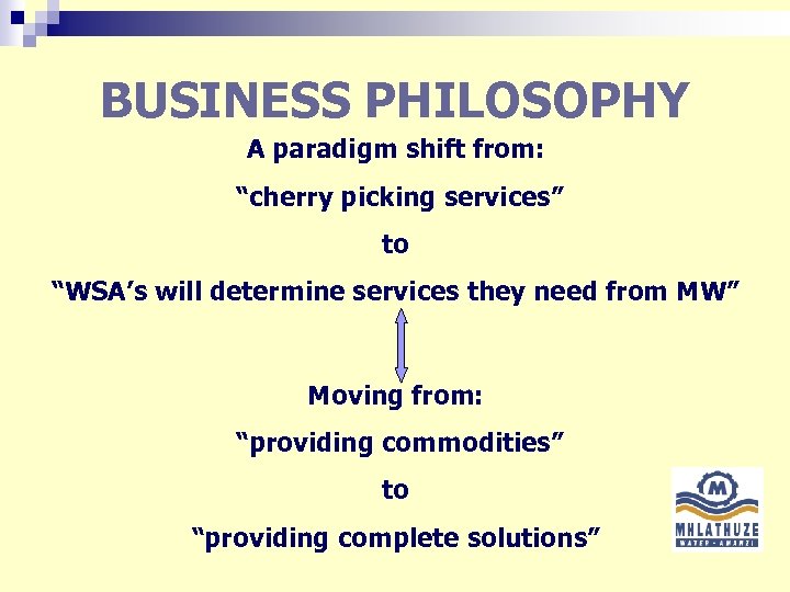 BUSINESS PHILOSOPHY A paradigm shift from: “cherry picking services” to “WSA’s will determine services