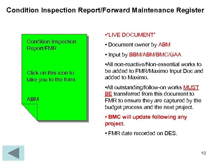 Condition Inspection Report/Forward Maintenance Register • “LIVE DOCUMENT” Condition Inspection Report/FMR • Document owner