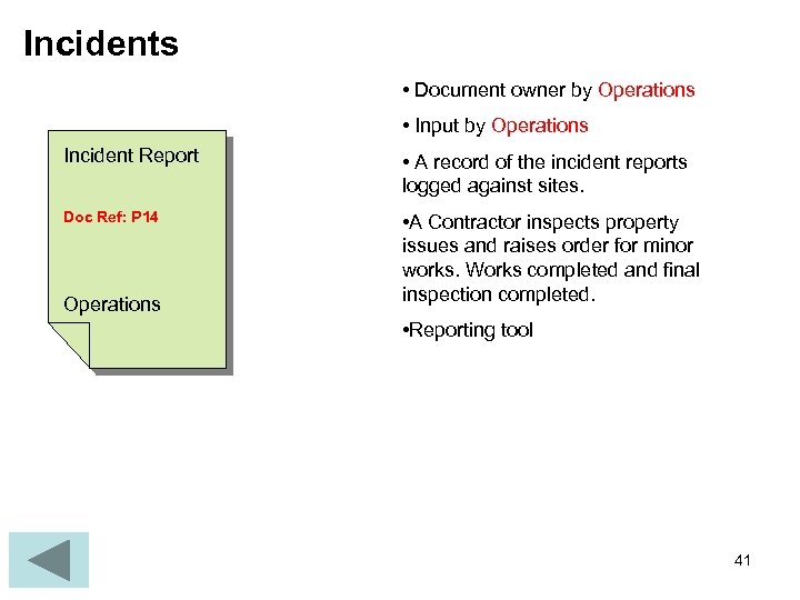Incidents • Document owner by Operations • Input by Operations Incident Report • A