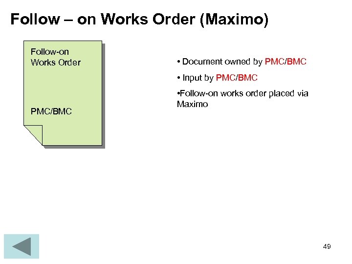 Follow – on Works Order (Maximo) Follow-on Works Order • Document owned by PMC/BMC