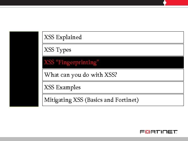 XSS Explained XSS Types XSS “Fingerprinting” What can you do with XSS? XSS Examples