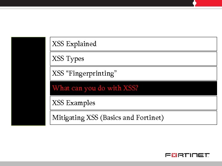 XSS Explained XSS Types XSS “Fingerprinting” What can you do with XSS? XSS Examples