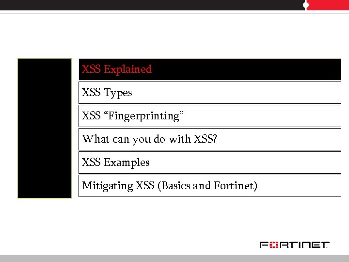 XSS Explained XSS Types XSS “Fingerprinting” What can you do with XSS? XSS Examples