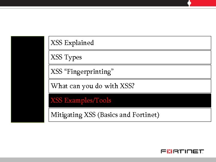 XSS Explained XSS Types XSS “Fingerprinting” What can you do with XSS? XSS Examples/Tools