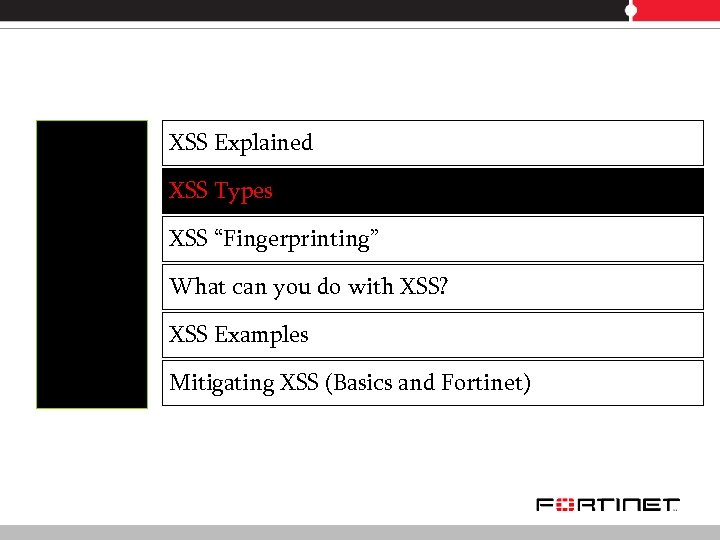 XSS Explained XSS Types XSS “Fingerprinting” What can you do with XSS? XSS Examples