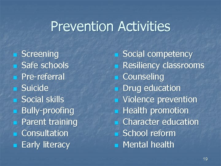 Prevention Activities n n n n n Screening Safe schools Pre-referral Suicide Social skills