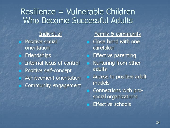 Resilience = Vulnerable Children Who Become Successful Adults n n n Individual Positive social