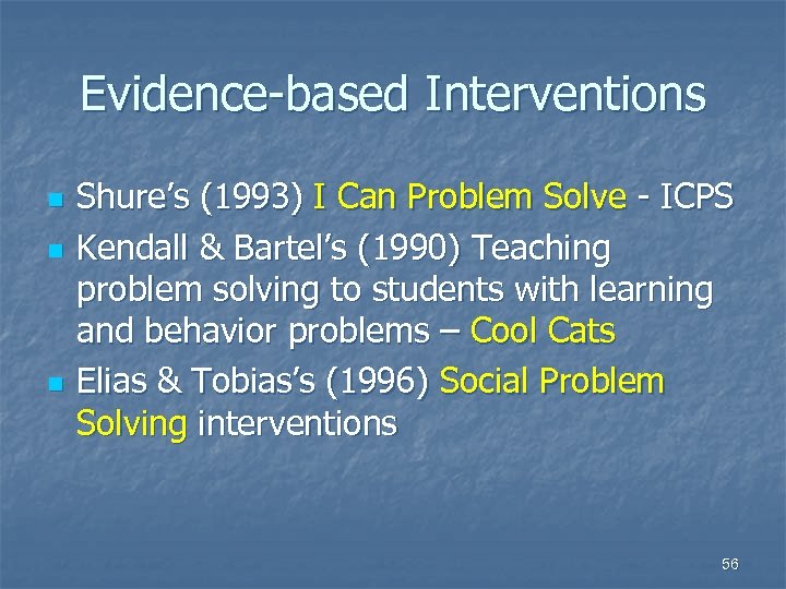 Evidence-based Interventions n n n Shure’s (1993) I Can Problem Solve - ICPS Kendall
