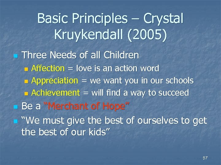 Basic Principles – Crystal Kruykendall (2005) n Three Needs of all Children Affection =