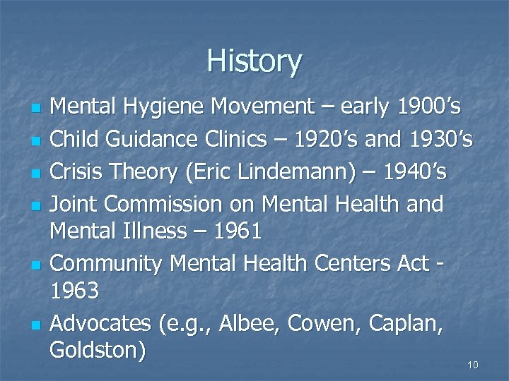 History n n n Mental Hygiene Movement – early 1900’s Child Guidance Clinics –