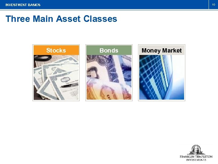 10 INVESTMENT BASICS Three Main Asset Classes Stocks Bonds Money Market 