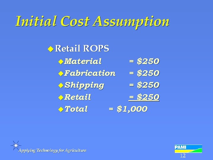 Initial Cost Assumption u Retail ROPS u. Material = $250 u. Fabrication = $250