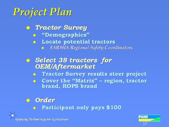 Project Plan u Tractor Survey u u “Demographics” Locate potential tractors u u Select