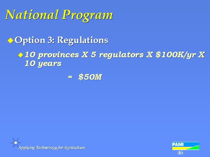 National Program u Option 3: Regulations u 10 provinces X 5 regulators X $100