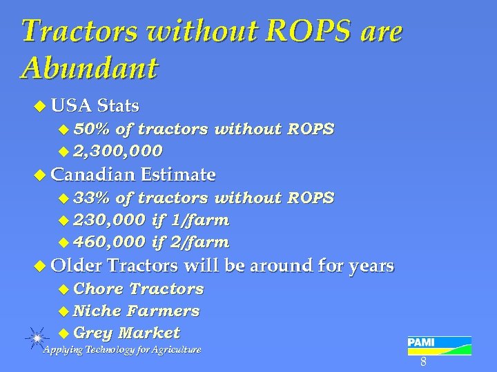 Tractors without ROPS are Abundant u USA Stats u 50% of tractors without ROPS