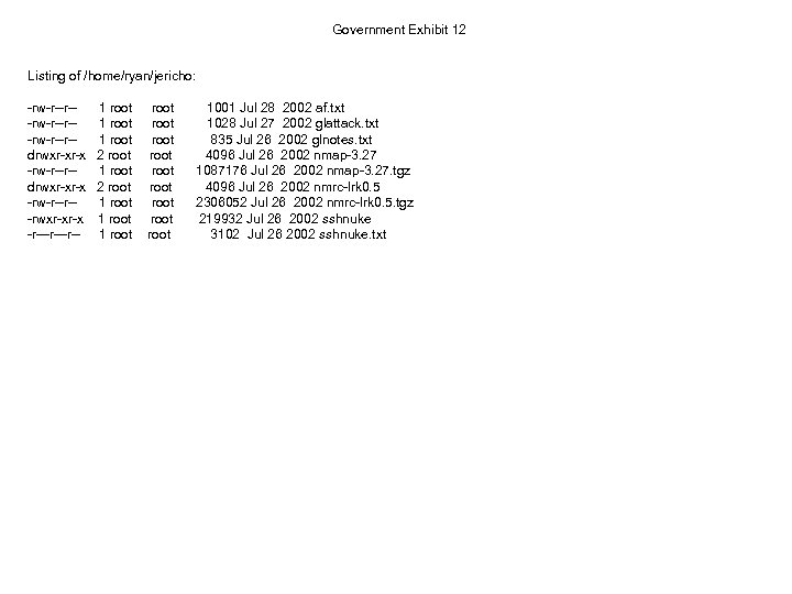 Government Exhibit 12 Listing of /home/ryan/jericho: -rw-r--r--rw-r--r-drwxr-xr-x -rw-r--r--rwxr-xr-x -r---r-- 1 root 2 root 1