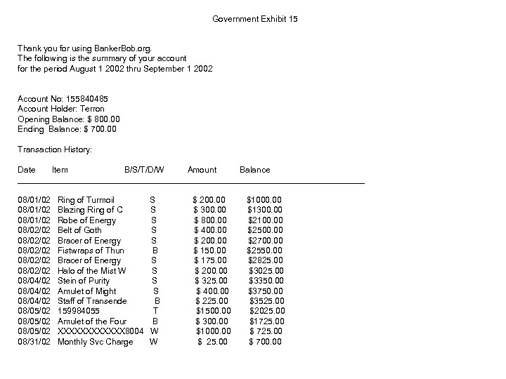 Government Exhibit 15 Thank you for using Banker. Bob. org. The following is the