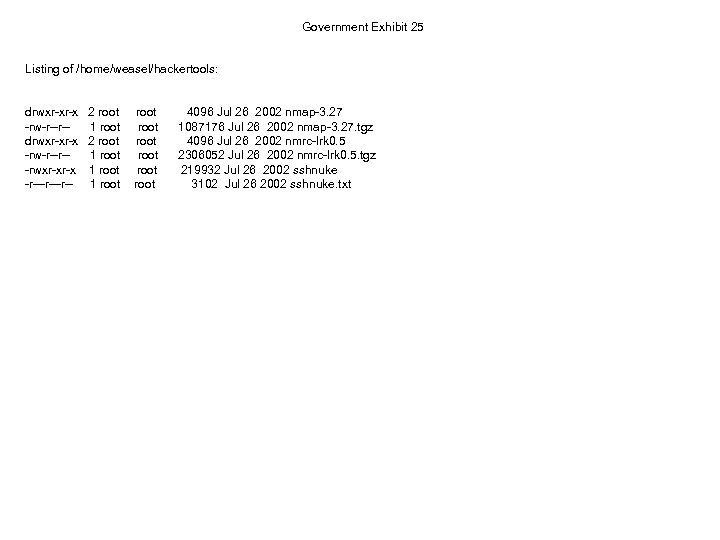 Government Exhibit 25 Listing of /home/weasel/hackertools: drwxr-xr-x -rw-r--r--rwxr-xr-x -r---r-- 2 root 1 root root