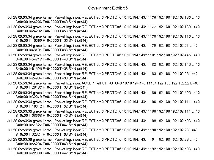 Government Exhibit 6 Jul 28 05: 53: 34 grace kernel: Packet log: input REJECT