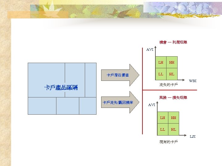 機會 — 利潤矩陣 AVI LH LL 卡戶潛在價值 HH HL 流失的卡戶 卡戶產品區隔 WBI 風險 —