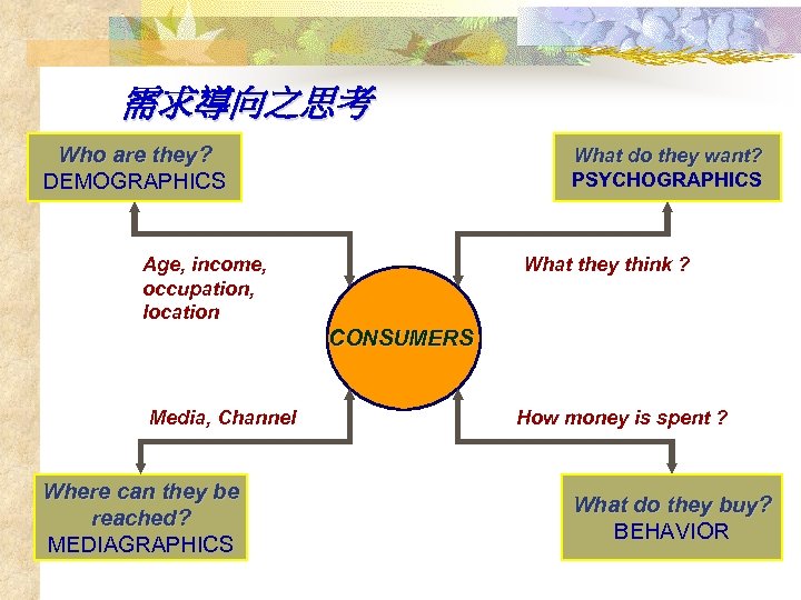需求導向之思考 Who are they? DEMOGRAPHICS What do they want? PSYCHOGRAPHICS Age, income, occupation, location