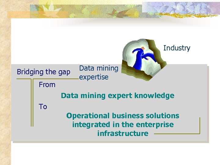 Industry Bridging the gap From Data mining expertise Data mining expert knowledge To Operational