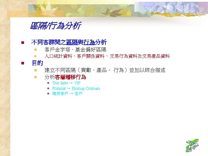 區隔/行為分析 n 不同客群間之區隔與行為分析 n n n 客戶金字塔、基金偏好區隔 人口統計資料、客戶關係資料、交易行為資料及交易產品資料 目的 n n 建立不同區隔（貢獻、產品、 行為）並加以綜合描述 分析客層遷移行為