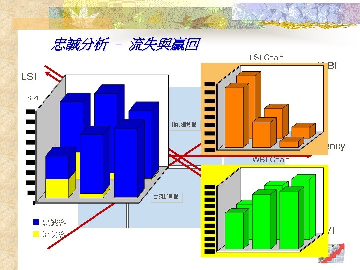 忠誠分析 – 流失與贏回 LSI Chart LSI WBI SIZE 經濟學生型 自用新客型 精打細算型 典型客戶 藍領打拼型 忠誠黨員